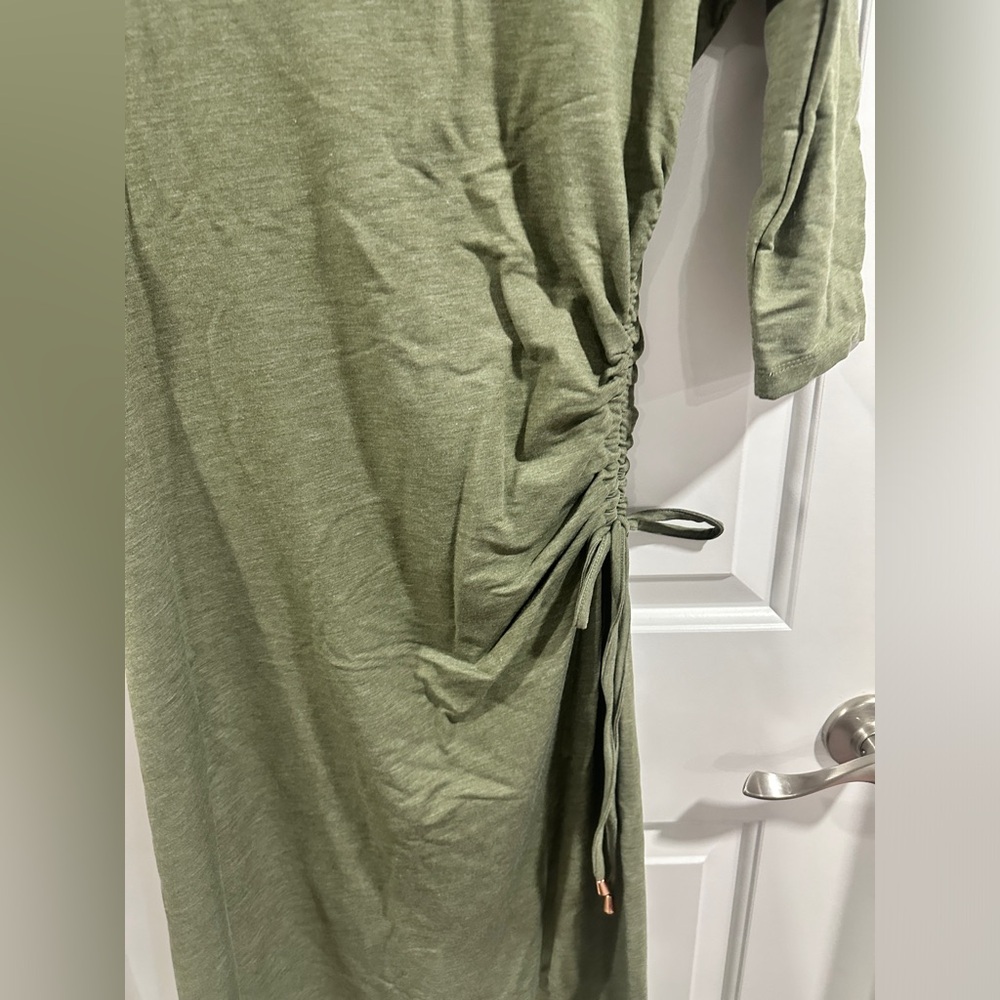 NWT A New Day Three Quarter Sleeve Olive Heather Ruched Tie Waist Dress - Picture 4 of 13